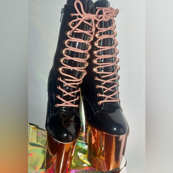 Pleaser Flamingo black Patent Platform Boots lace up sz. 6 Rose Gold 8” stiletto - Picture 12 of 12
